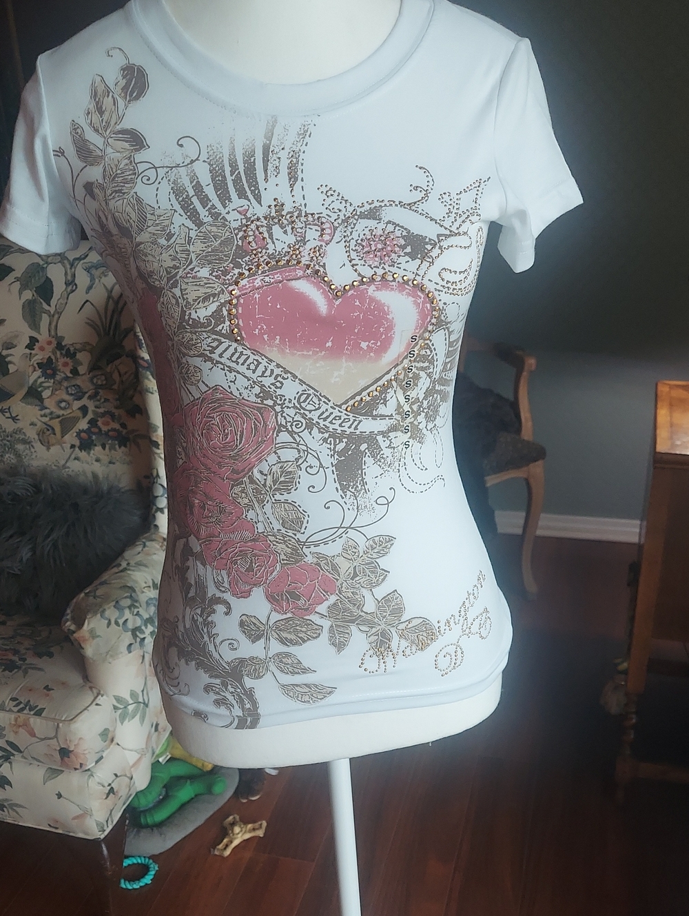 White Short Sleeve Women's Tee with Pink Heart & Rose Graphic